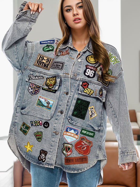 Embroidered Patch Button Up Long Sleeve Denim Jacket - felvior