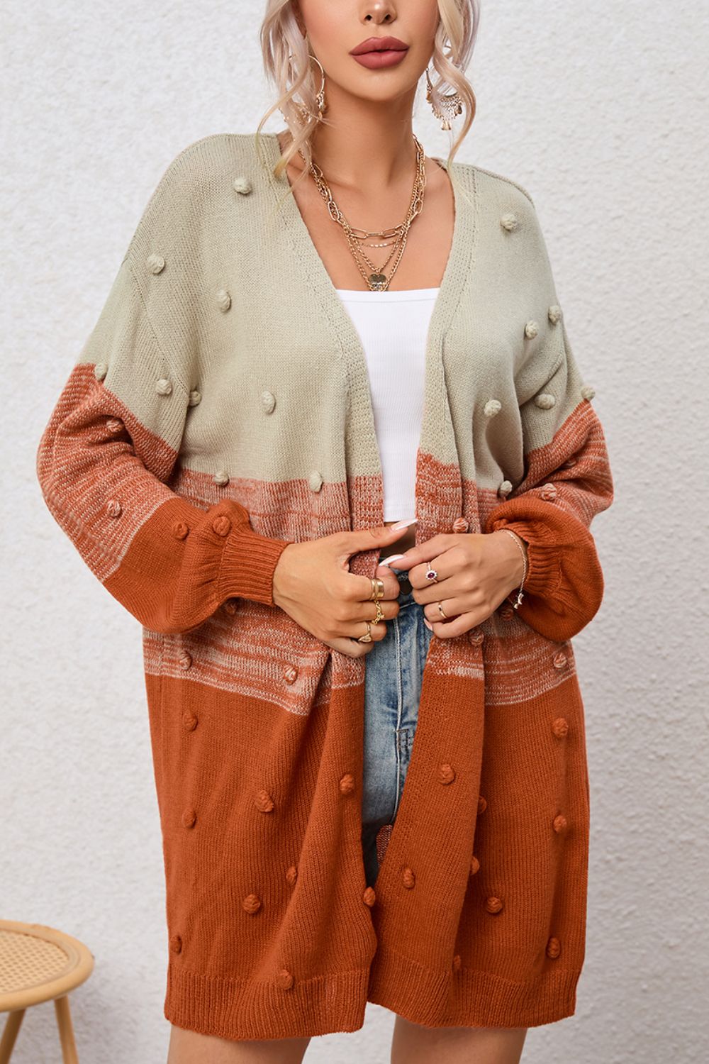 Pompom Color Block Open Front Cardigan - felvior