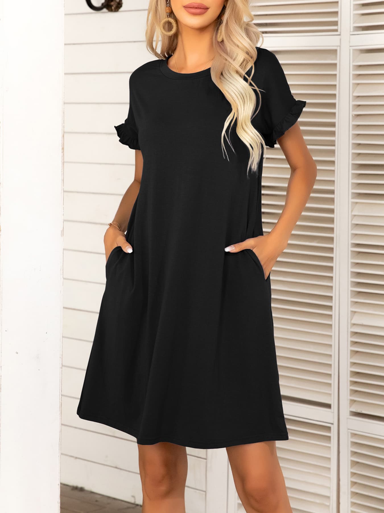 Round Neck Flounce Sleeve Dress with Pockets - felvior