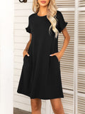 Round Neck Flounce Sleeve Dress with Pockets - felvior