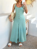 Devine Button Front Knotted Strap Wide Leg Jumpsuit