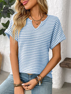 Striped Notched Short Sleeve T-Shirt