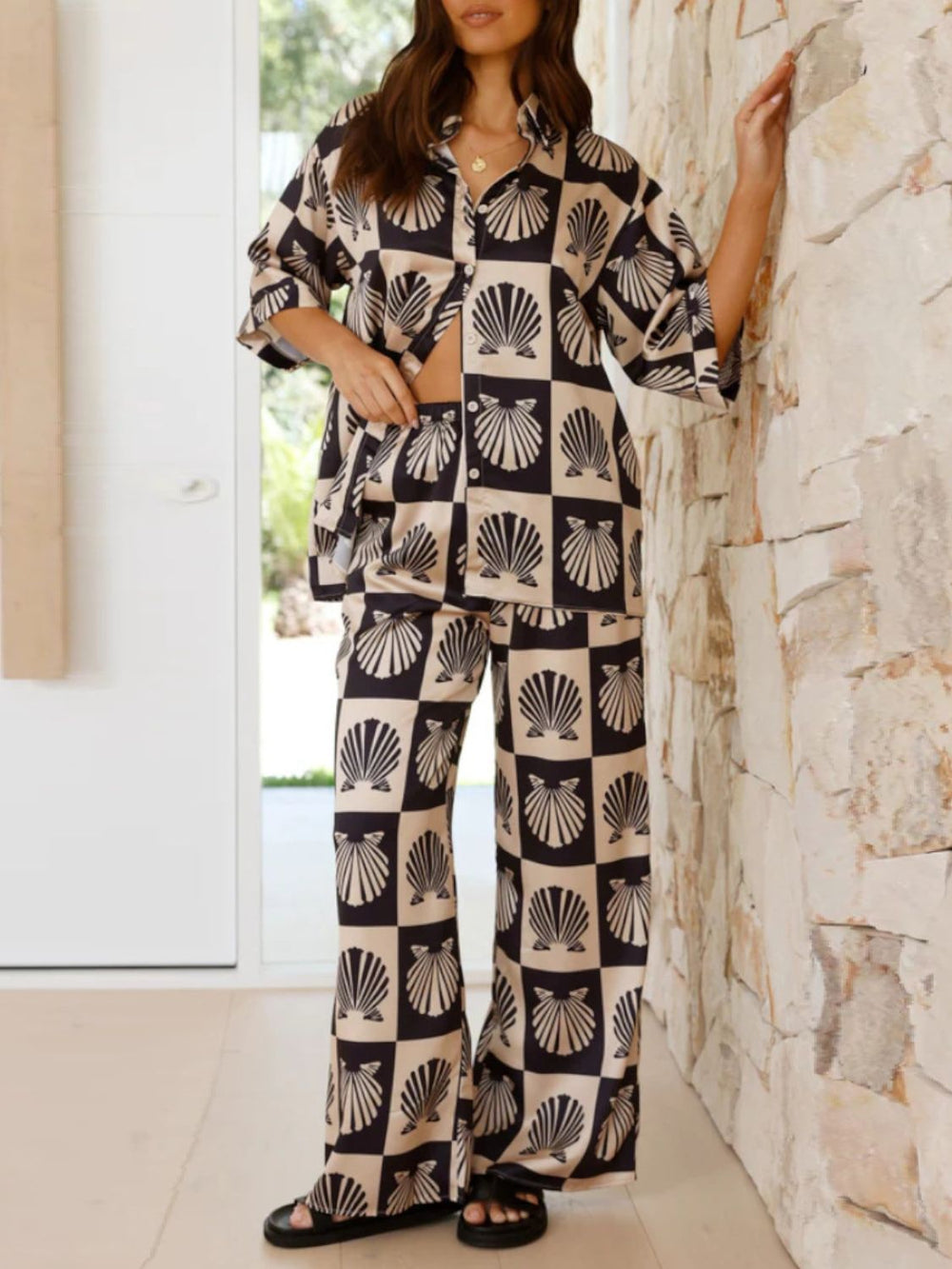 Printed Collared Neck Top and Wide Leg Pants Set - felvior