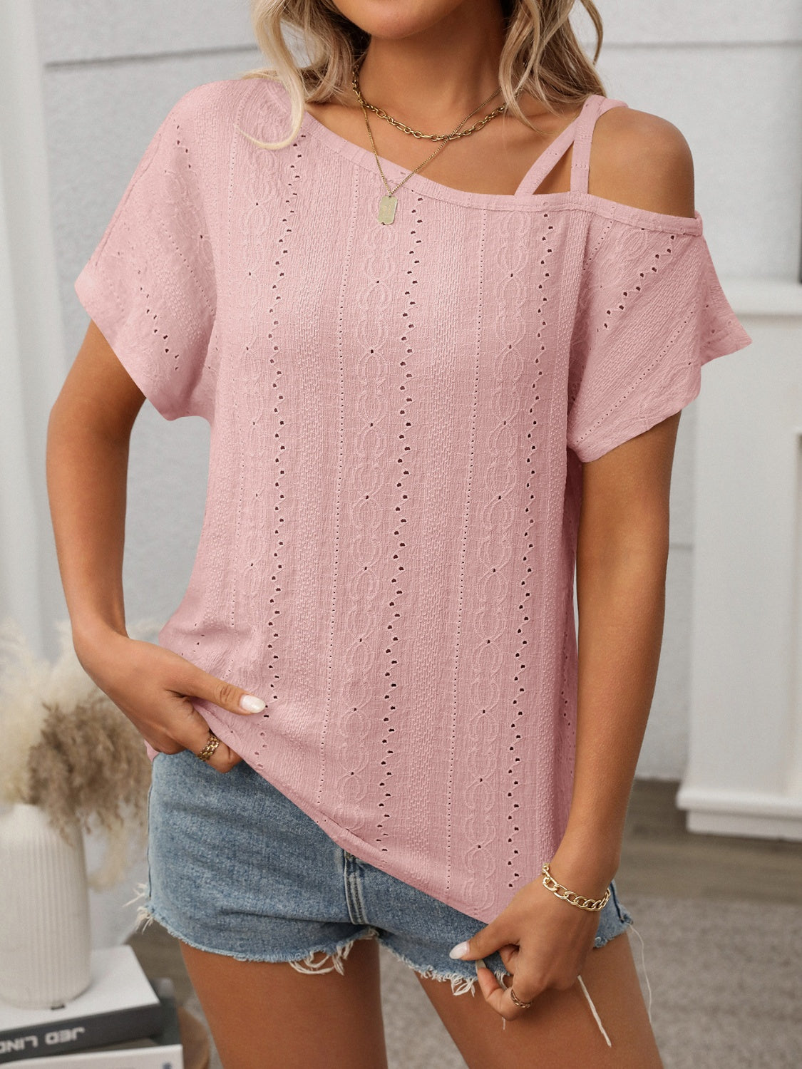 Eyelet Asymmetrical Shoulder Short Sleeve T-Shirt