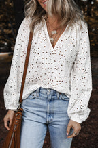 Eyelet V-Neck Long Sleeve Blouse