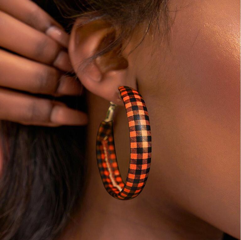 Plaid PU Leather Hoop Earrings - felvior