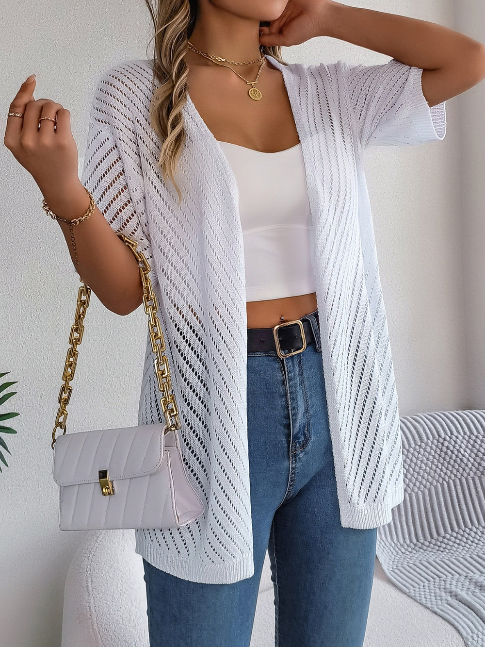 Openwork Open Front Half Sleeve Cardigan