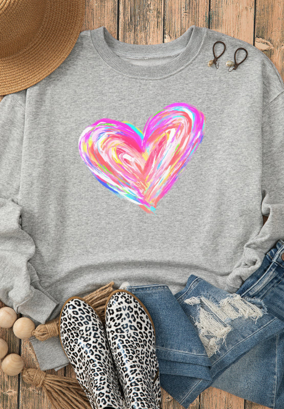 Valentine’s Day Heart Round Neck Drop Shoulder Sweatshirt - felvior