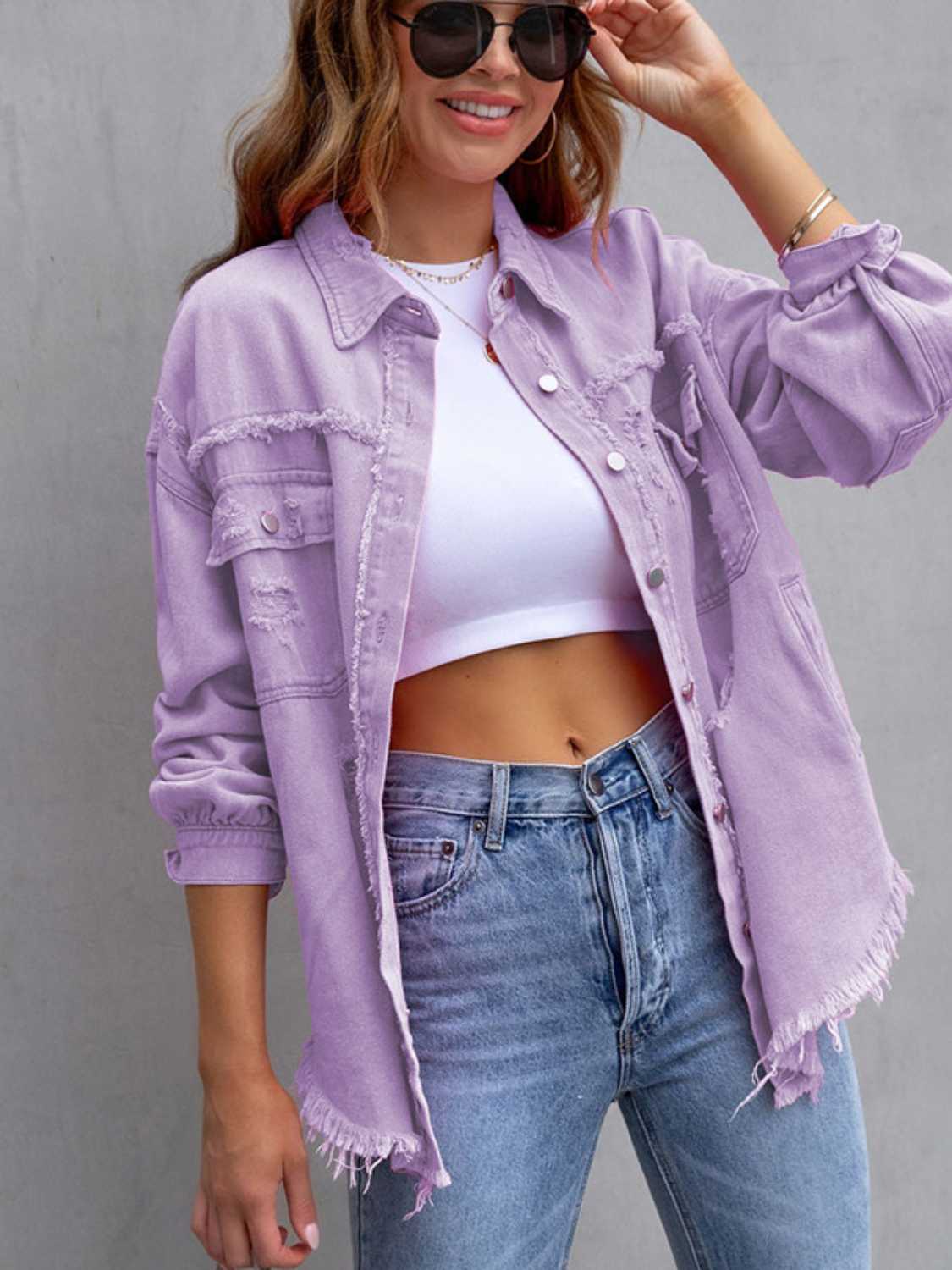 Distressed Drop Shoulder Denim Jacket - felvior