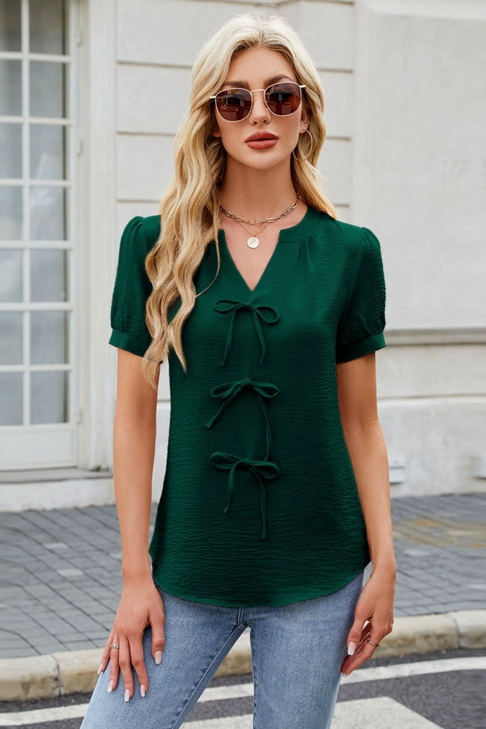 Notched Short Sleeve Blouse - felvior
