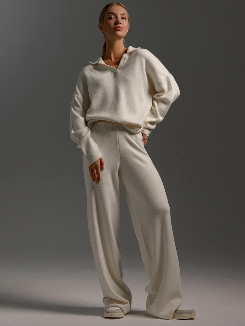 Johnny Collar Long Sleeve Top and Pants Sweater Set - felvior