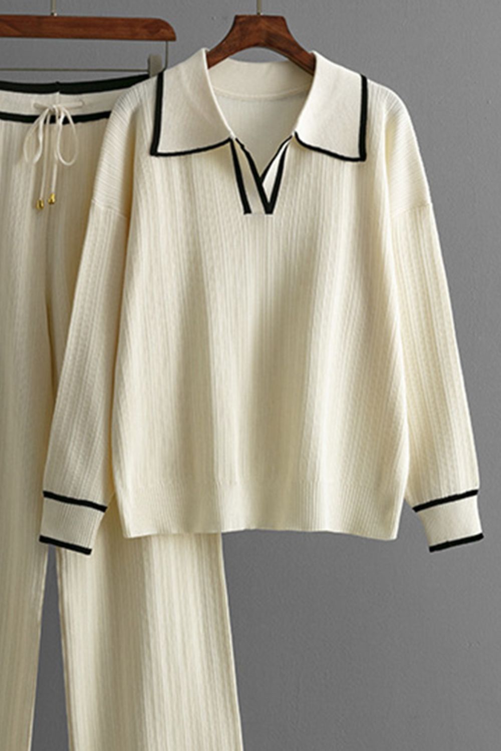 Contrast Trim Johnny Collar Top and Drawstring Pants Sweater Set - felvior
