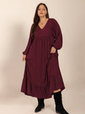 Plus Size Ruffled Hem V-Neck Balloon Sleeve Dress - felvior