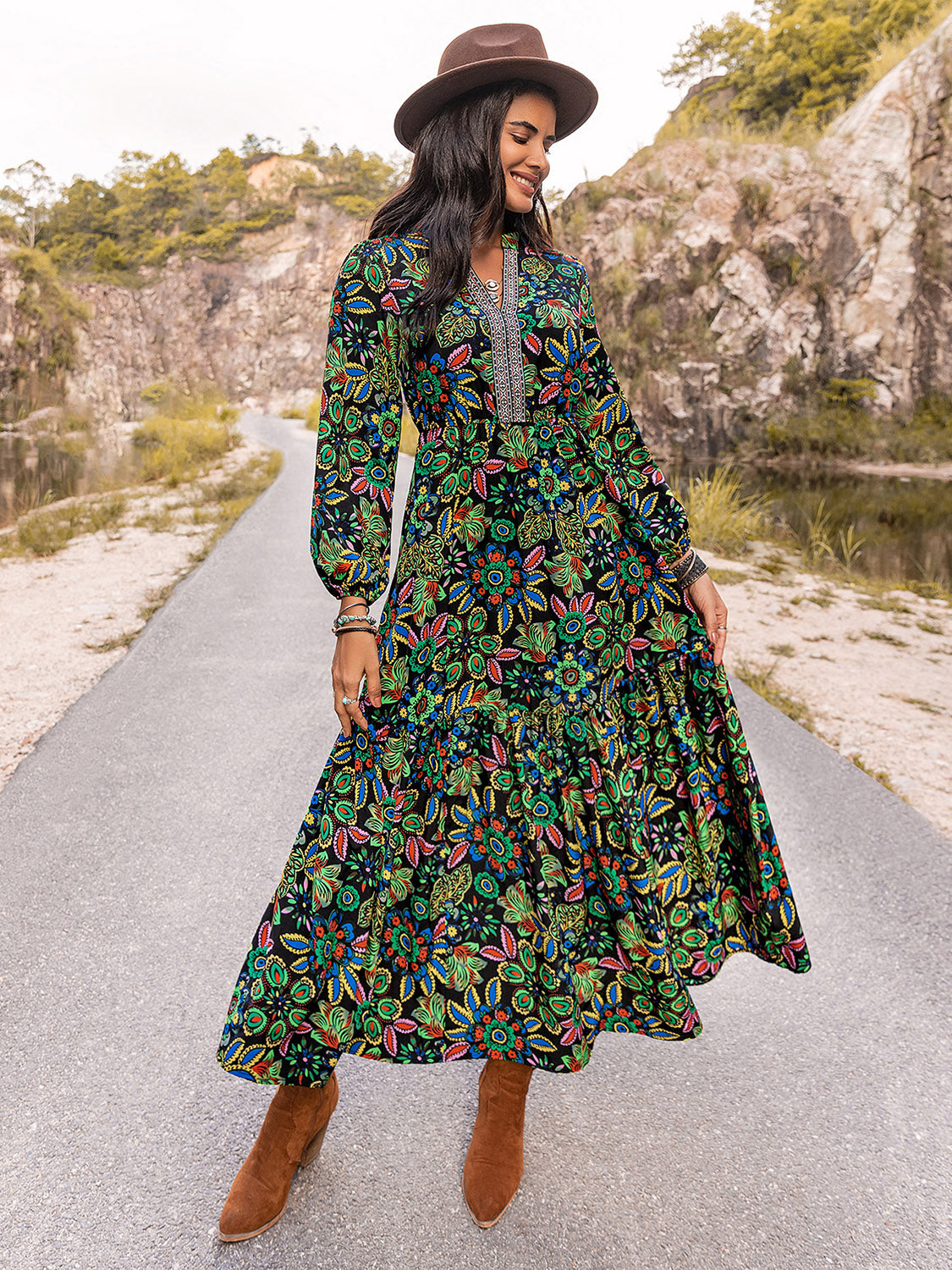 Printed Notched Neck Maxi Dress - felvior