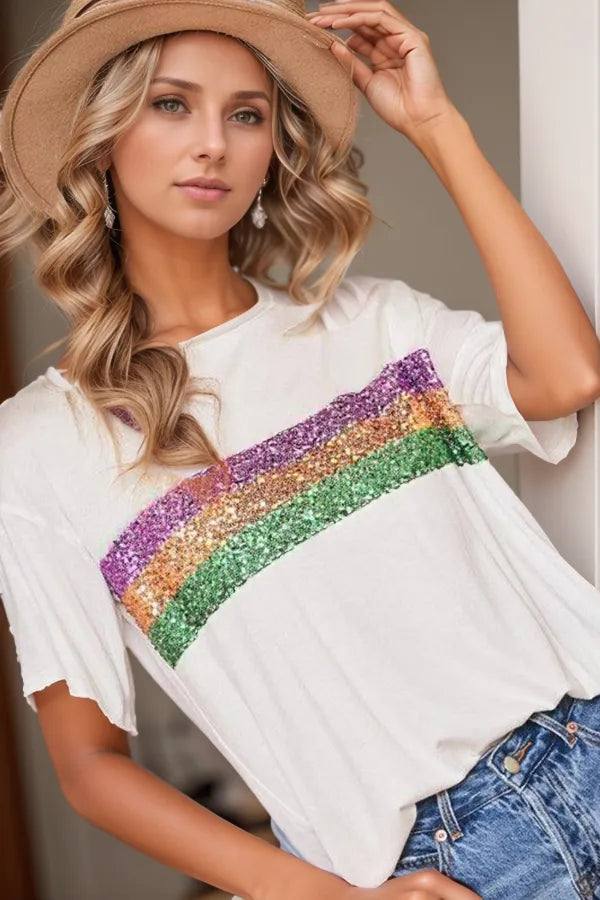 Sequin Stripes Crew Neck T Shirt