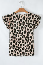 Leopard Layered Ruffled Cap Sleeve Blouse