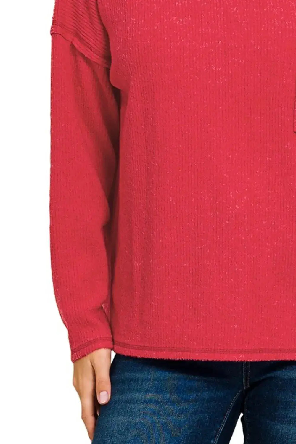 Zenana Ribbed Brushed Melange Hacci Sweater with Chest Pocket