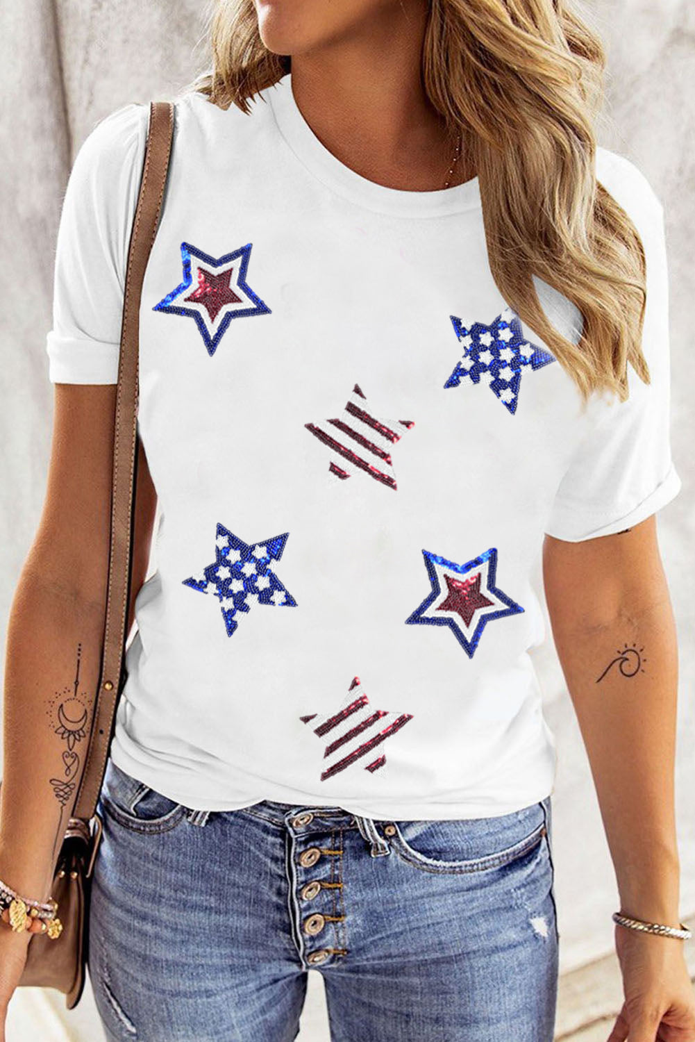 Sequin Star Round Neck Short Sleeve T-Shirt