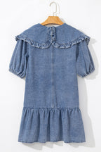 Ruffled Side Pockets Puff Sleeve Denim Mini Dress