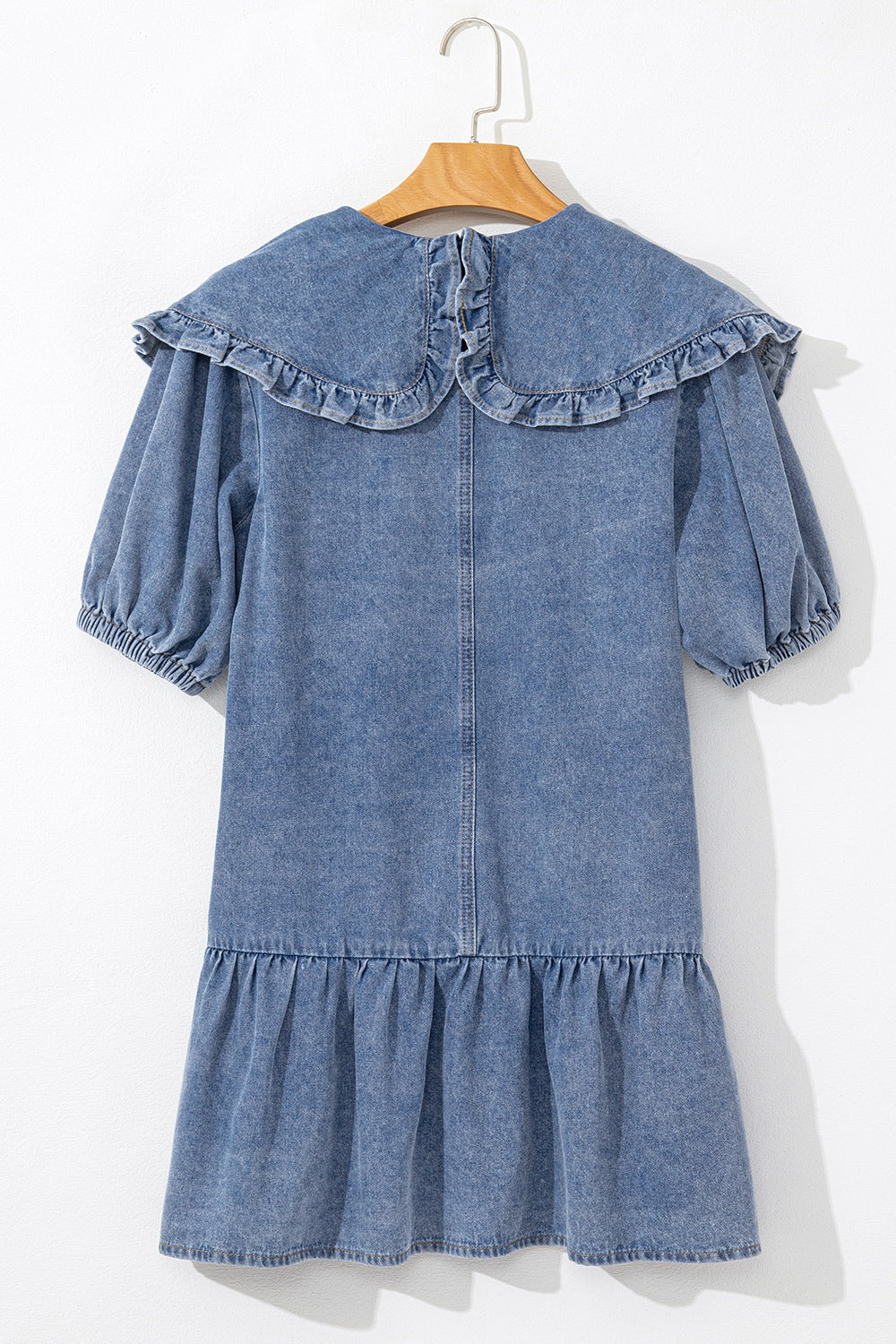 Ruffled Side Pockets Puff Sleeve Denim Mini Dress