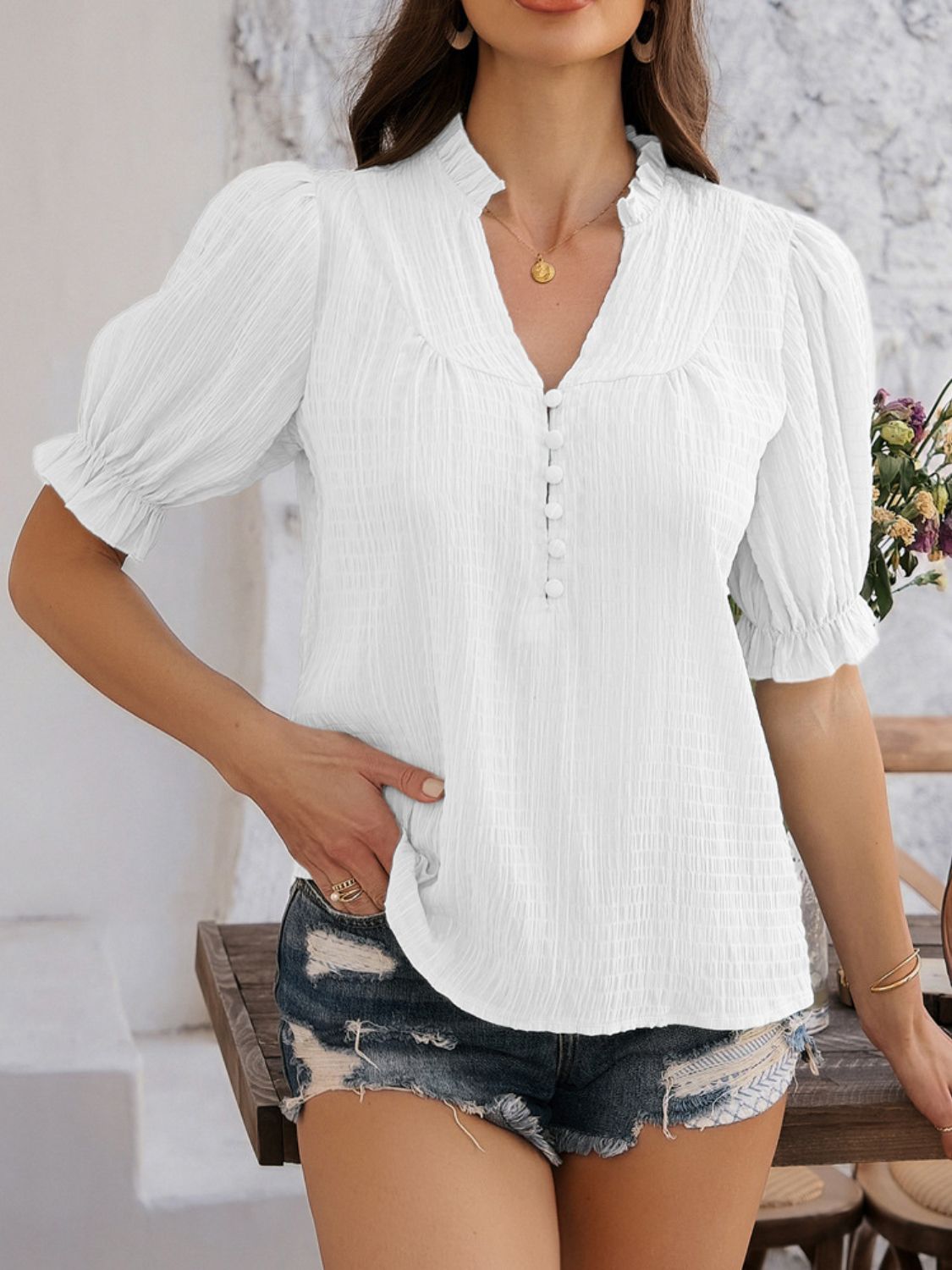 Devine Frill Notched Short Sleeve Blouse - felvior