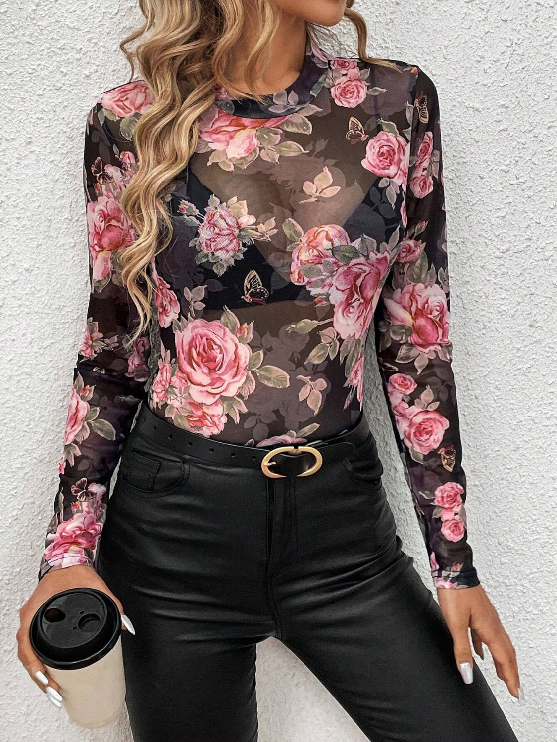 Mesh Floral Mock Neck Long Sleeve Top Main image