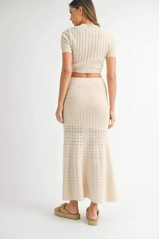 MABLE Pointelle Short Sleeve Crop Top and Slit Skirt Sweater Set - felvior