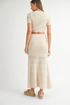 MABLE Pointelle Short Sleeve Crop Top and Slit Skirt Sweater Set