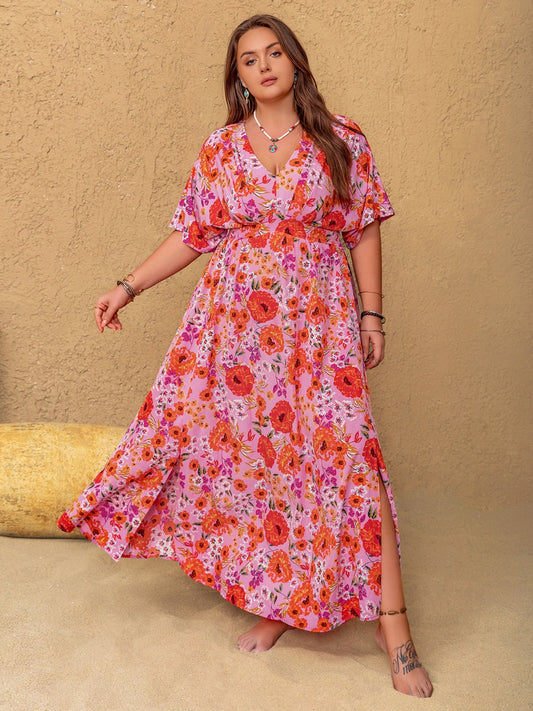 Plus Size Slit Floral V-Neck Half Sleeve Maxi Dress - felvior