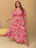 Plus Size Slit Floral V-Neck Half Sleeve Maxi Dress - felvior