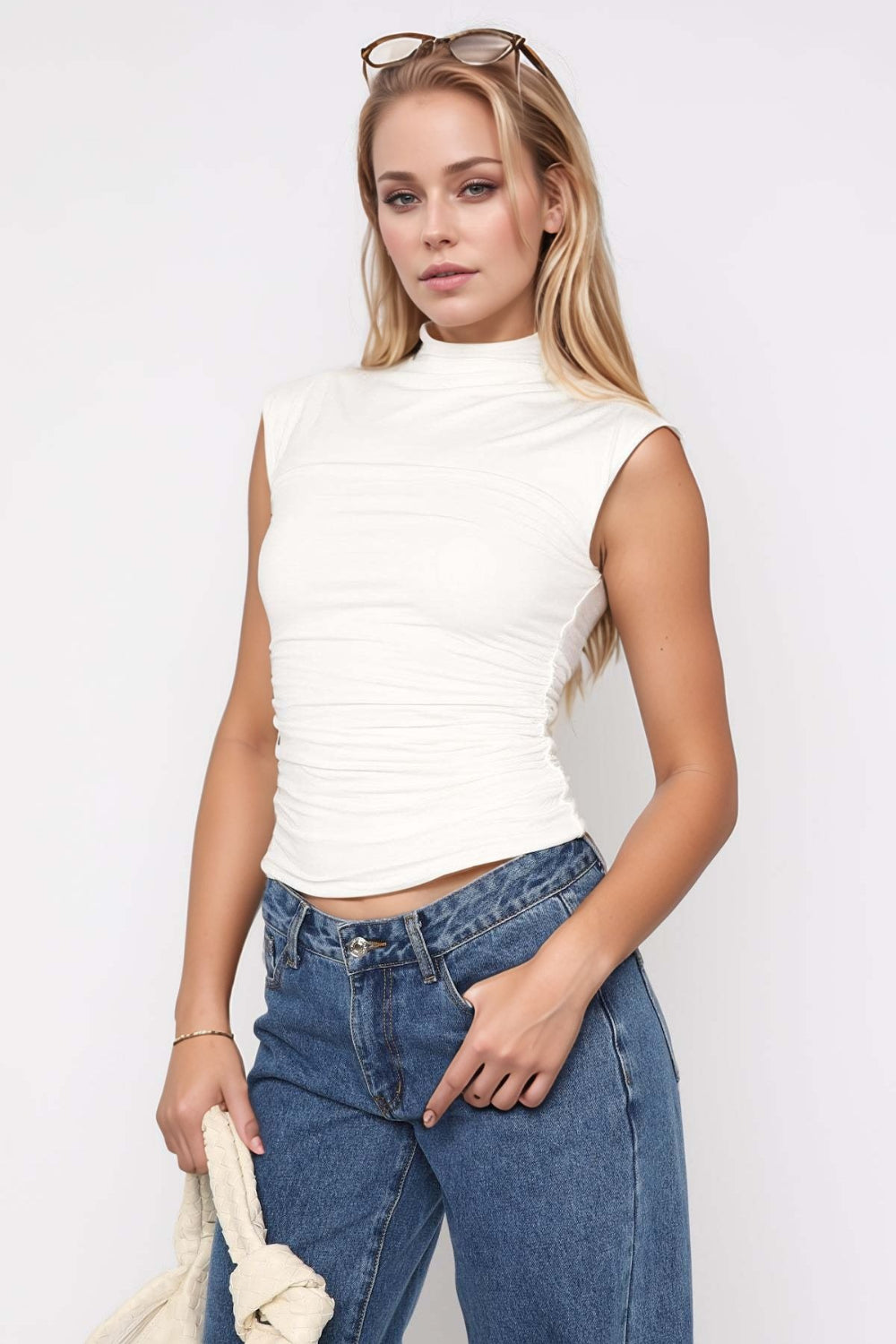 Mock Neck Ruched Tank - felvior