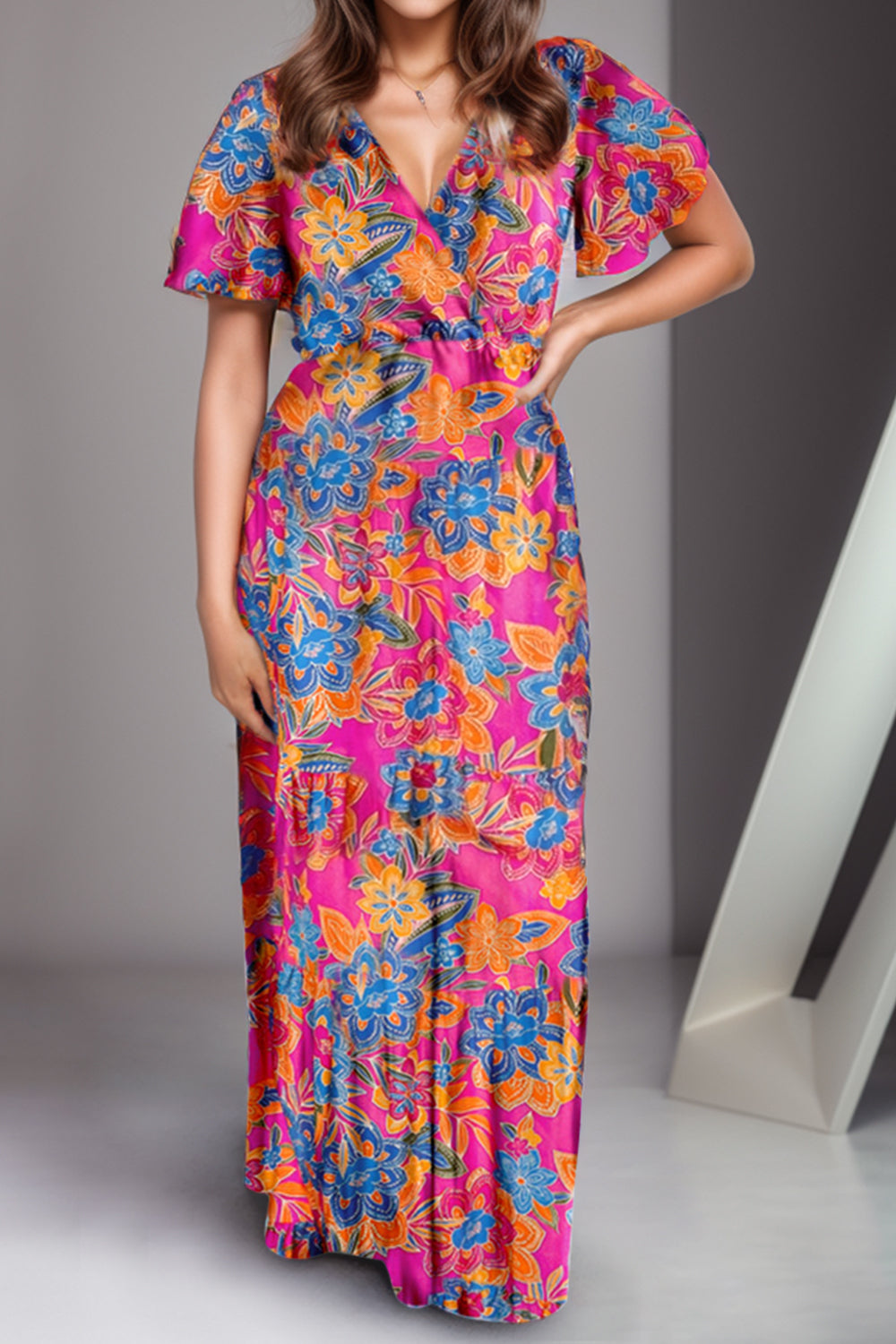 Printed Surplice Short Sleeve Maxi Dress - felvior