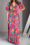 Printed Surplice Short Sleeve Maxi Dress - felvior