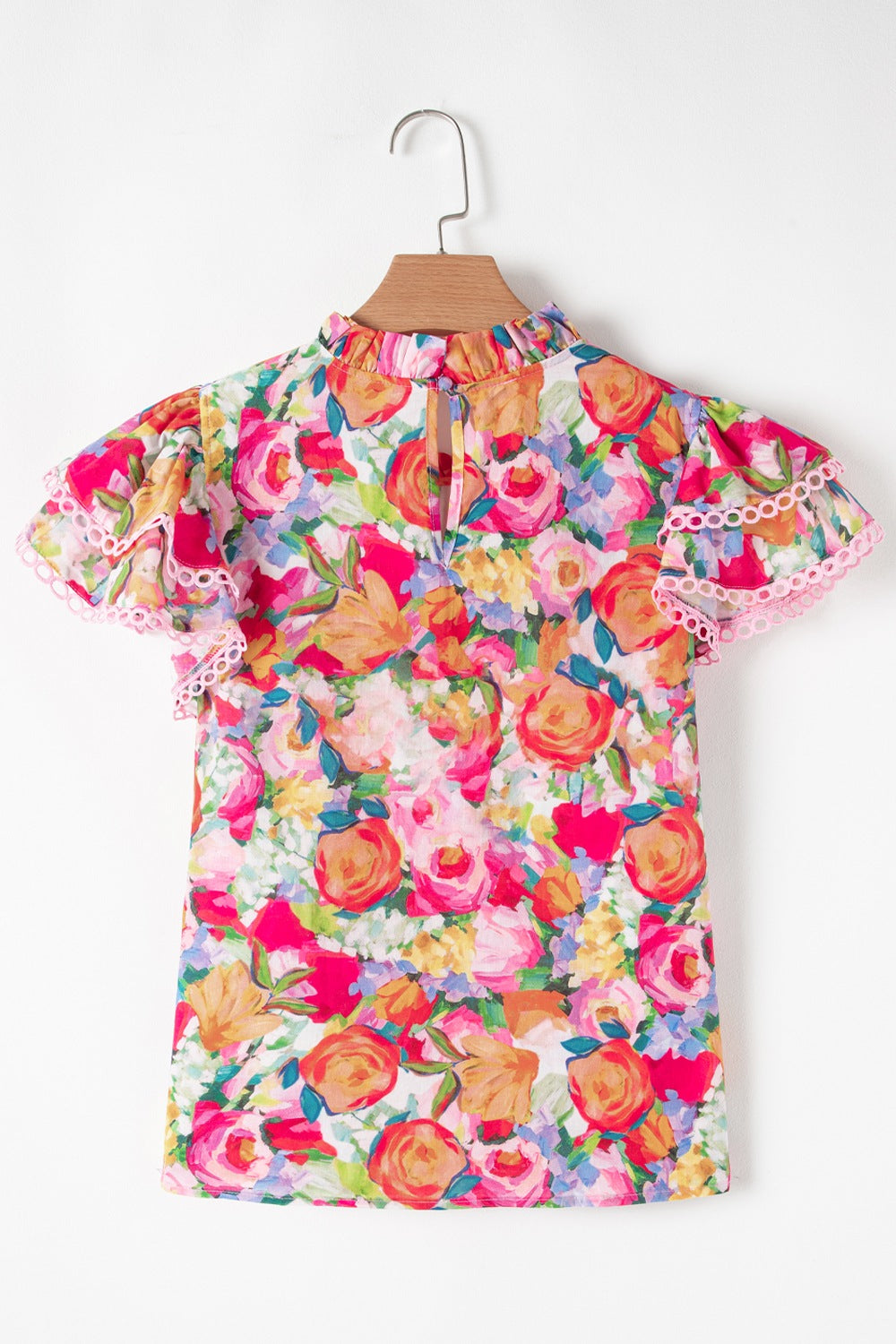 Lace Trim Ruffle Cap Sleeve Floral Blouse