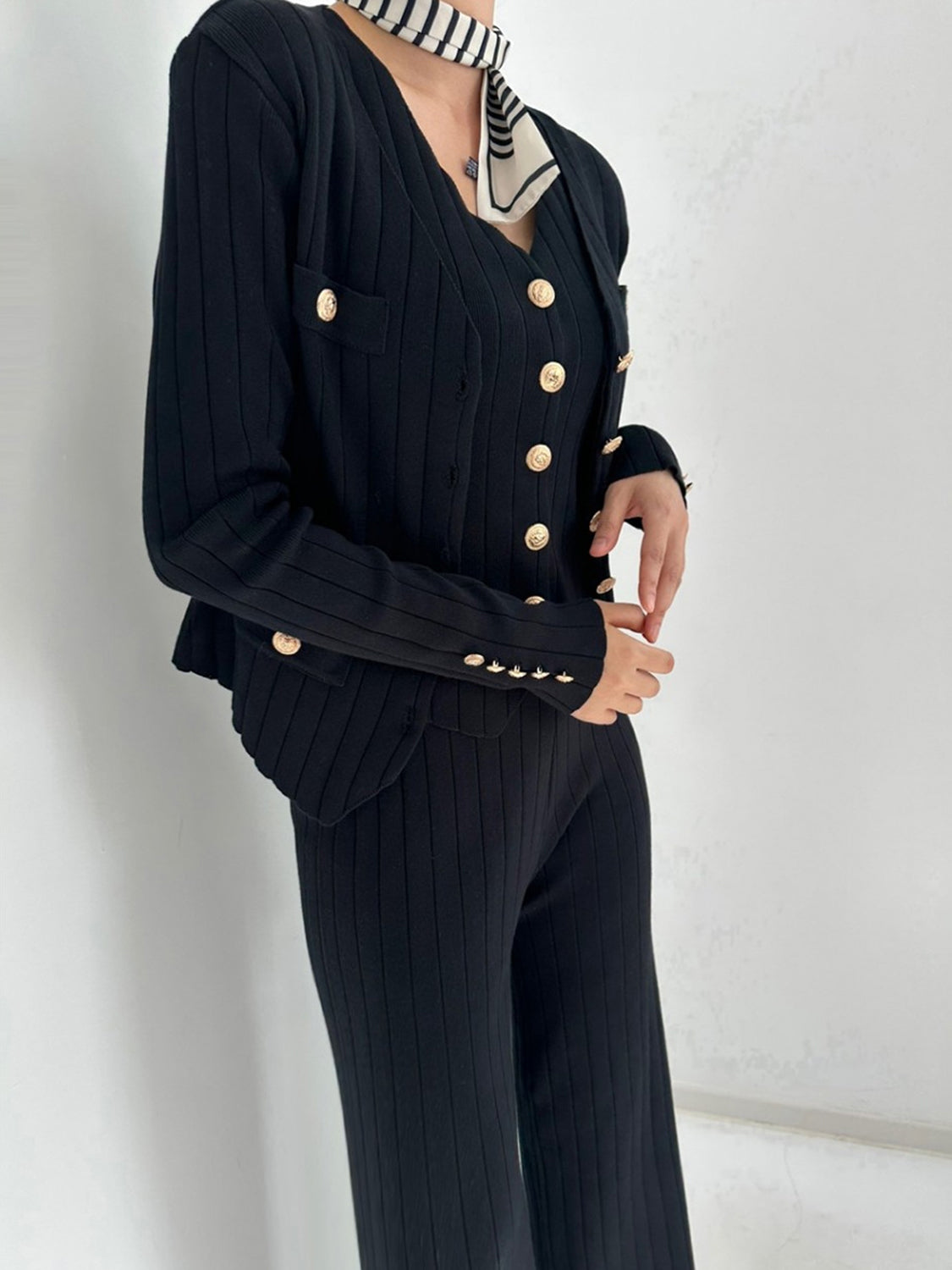 V-Neck Tank, Cardigan and Pants Three-Piece Sweater Set - felvior