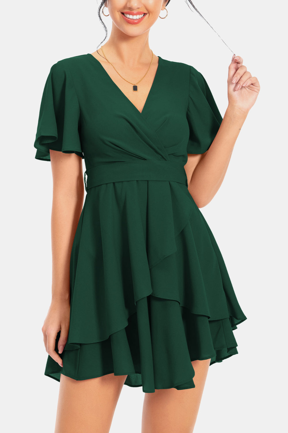 Surplice Neck Flutter Sleeve Dress - felvior
