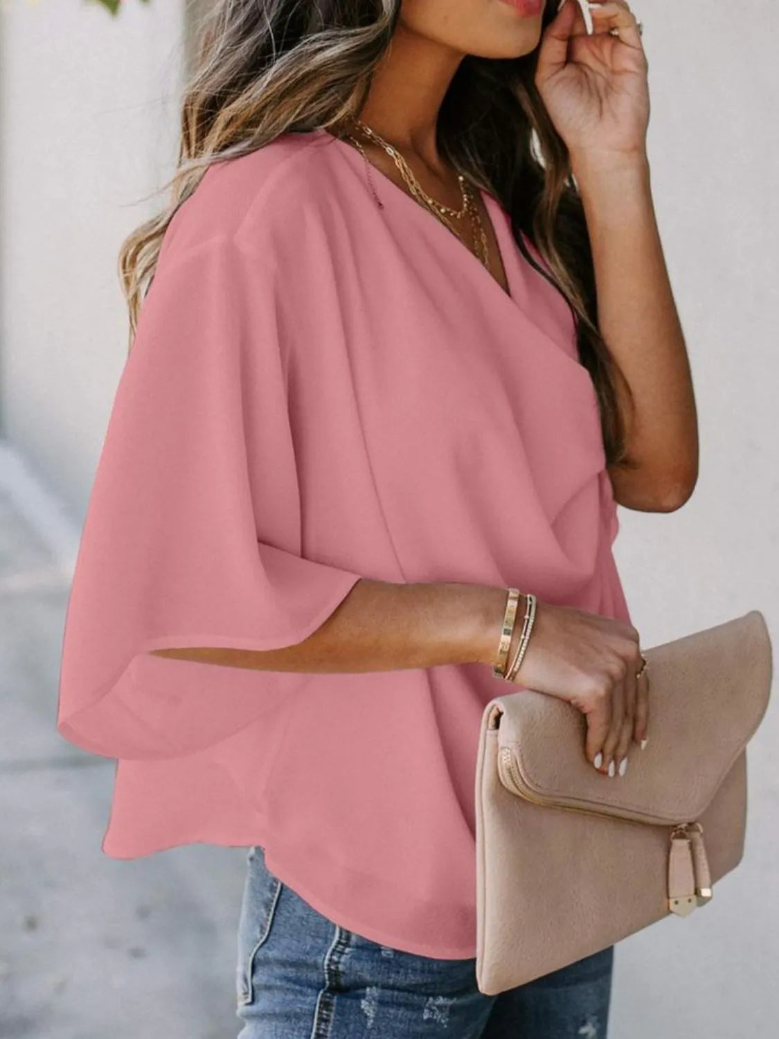 Full Size Ruched Three-Quarter Sleeve Blouse Plus Size - felvior