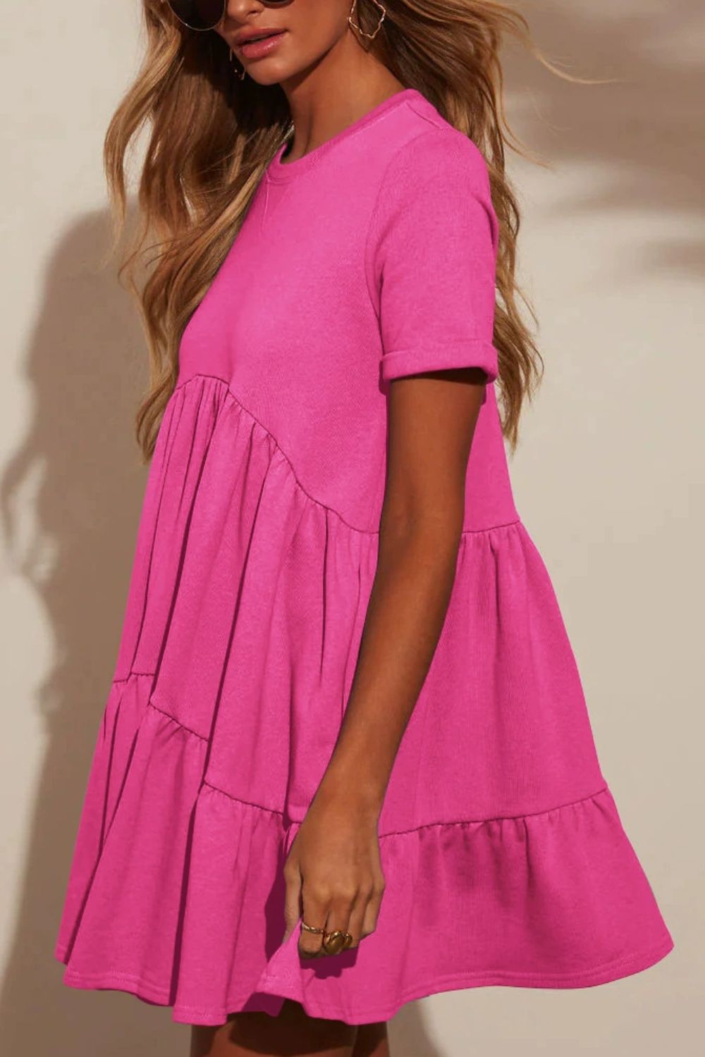 Tiered Round Neck Short Sleeve Mini Dress - felvior