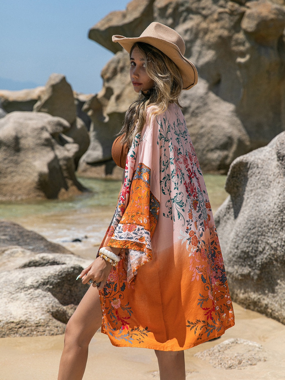 Printed Open Front Long Sleeve Cover-Up - felvior