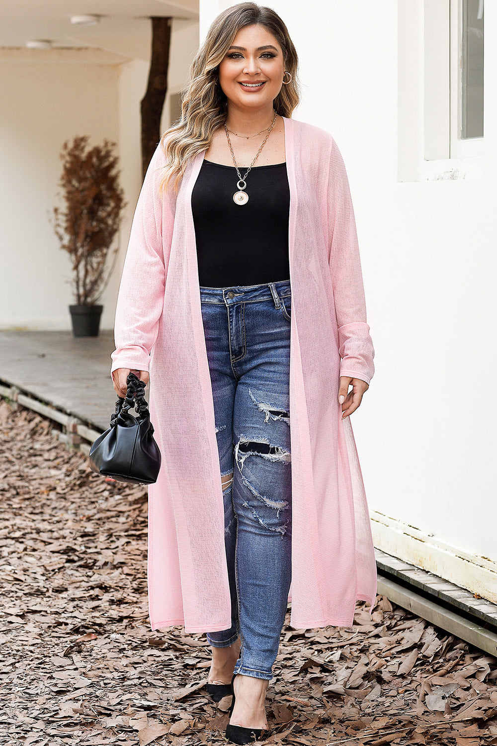 Open Front Long Sleeves Slit Cardigan Hauptbild