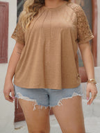 Plus Size Lace Round Neck Short Sleeve T-Shirt