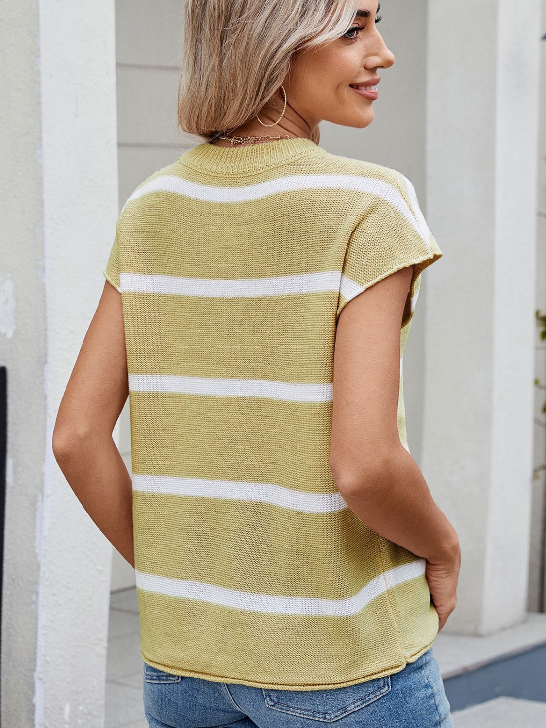 Exposed Seam Striped Round Neck Knit Top - felvior