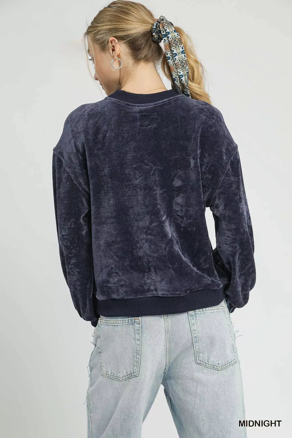 Umgee Velour Crewneck Balloon Sleeve Sweatshirt