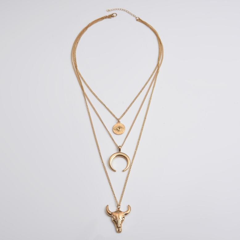 Alloy Three-Layered Bull Head Pendant Necklace - felvior