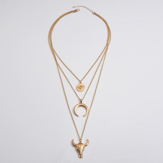 Alloy Three-Layered Bull Head Pendant Necklace - felvior