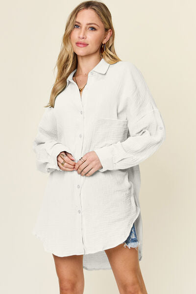 Double Take Full Size Pocketed Texture Button Up Shirt - felvior