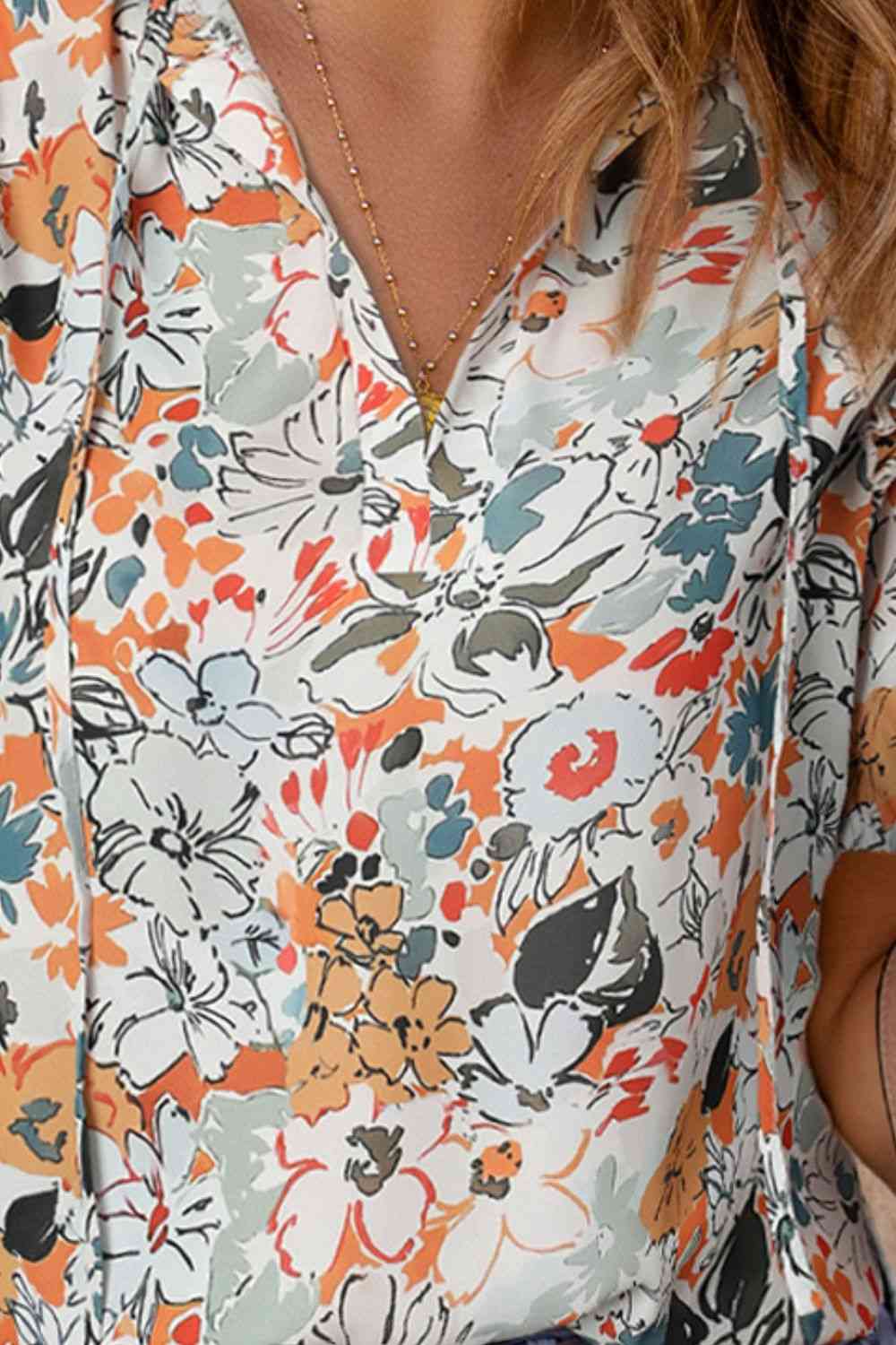 Floral Tie Neck Shoulder Detail Blouse - felvior