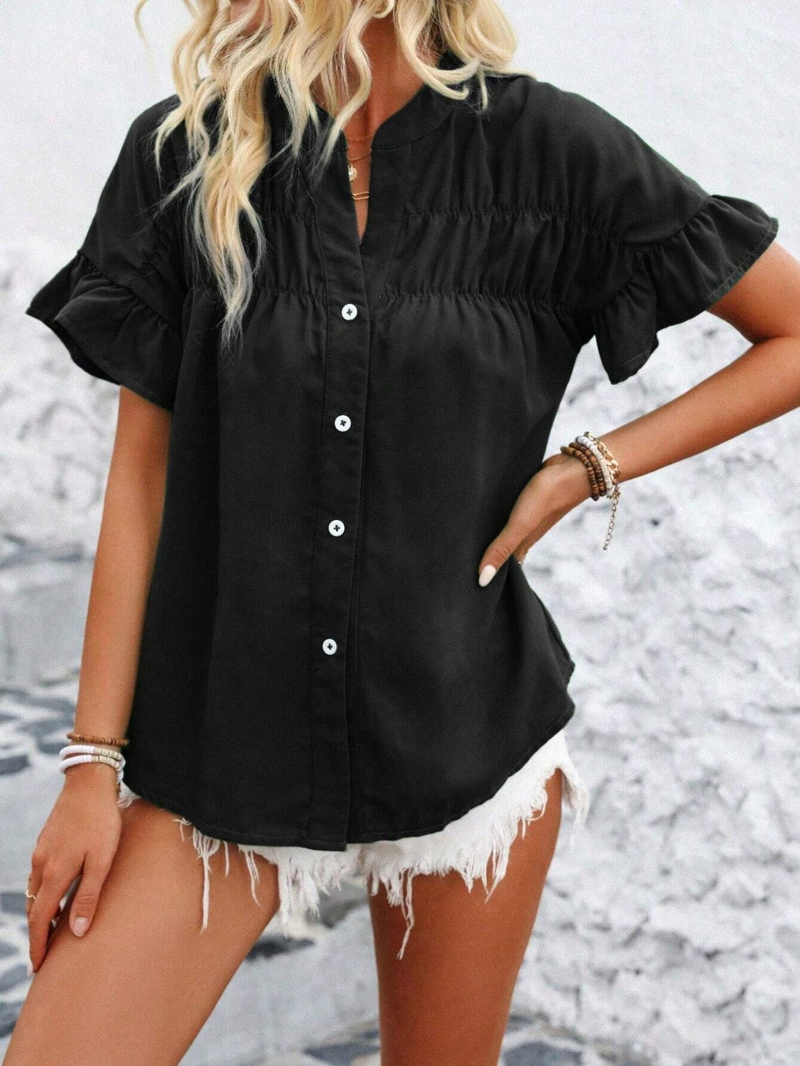 Button Down Ruffled Short Sleeve Shirt - felvior