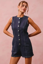 SO ME Button Up Front Washed Denim Sleeveless Romper