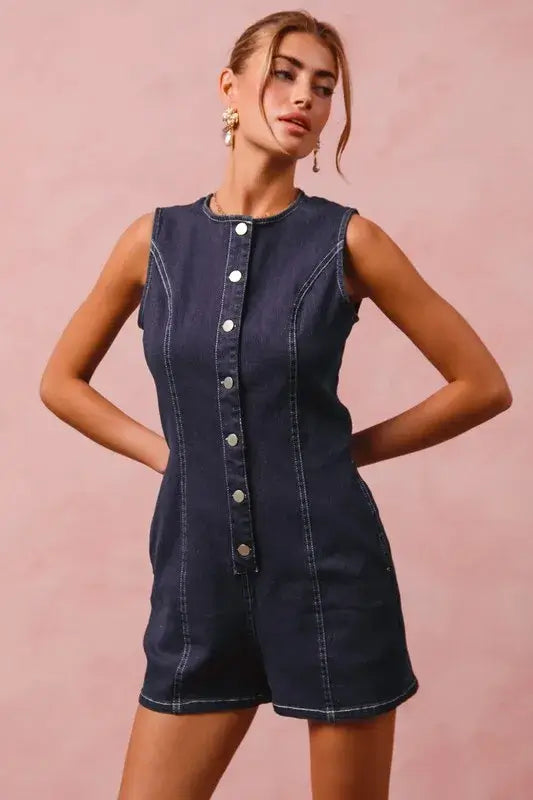 SO ME Button Up Front Washed Denim Sleeveless Romper